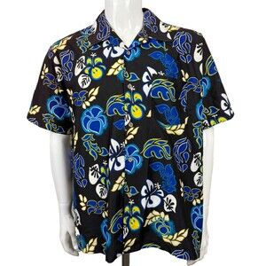 Flipbox Vintage Hawaiian Shirt L USA Made Black Floral Hibiscus 90s Retro Surf